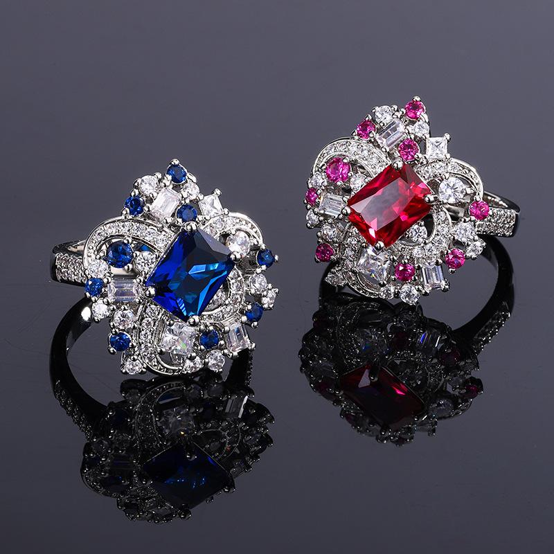new european and american royal blue artificial gemstone ring female cross-border luxury inlaid jacinth ring full figure