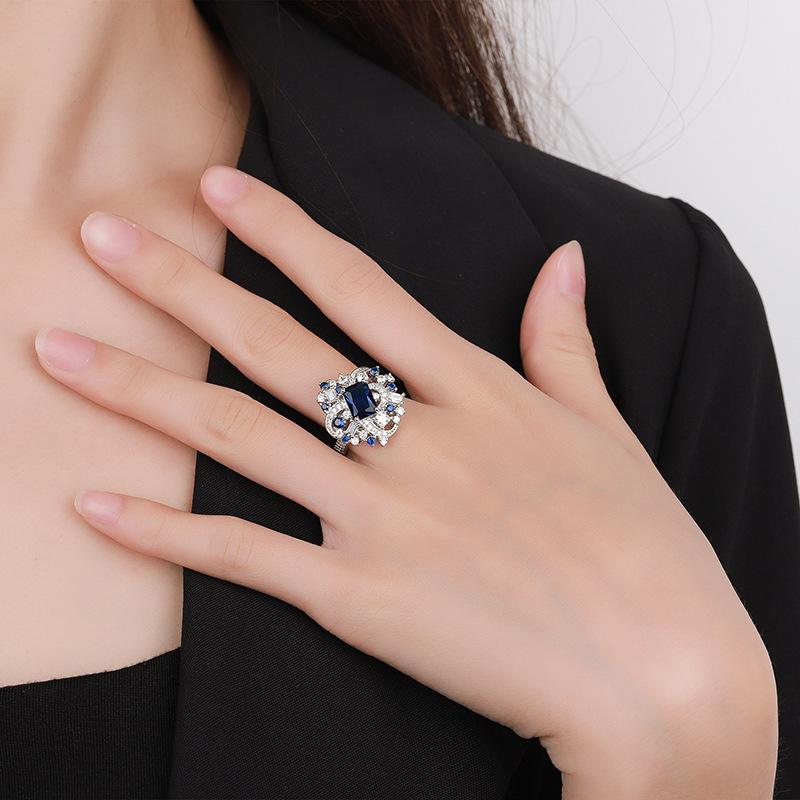 new european and american royal blue artificial gemstone ring female cross-border luxury inlaid jacinth ring details Picture