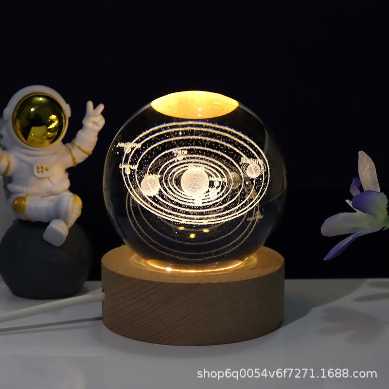 Hot Creative 3d Inner Carved Crystal Ball Solar System Saturn Night Light Study Bedroom Luminous Glass Ball Crafts full figure