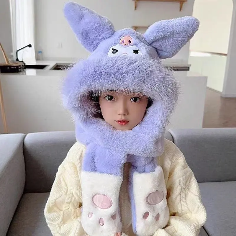 Kuromi Children's three-piece set of scarf and hat in one, cute winter, warm and ear-protecting, Cinnamon Dog, Melody woolen hat detail image 2