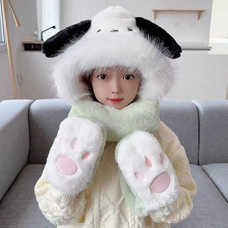 Kuromi Children's three-piece set of scarf and hat in one, cute winter, warm and ear-protecting, Cinnamon Dog, Melody woolen hat detail image 5