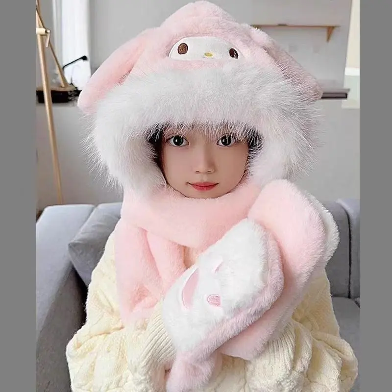 Kuromi Children's three-piece set of scarf and hat in one, cute winter, warm and ear-protecting, Cinnamon Dog, Melody woolen hat detail image 4