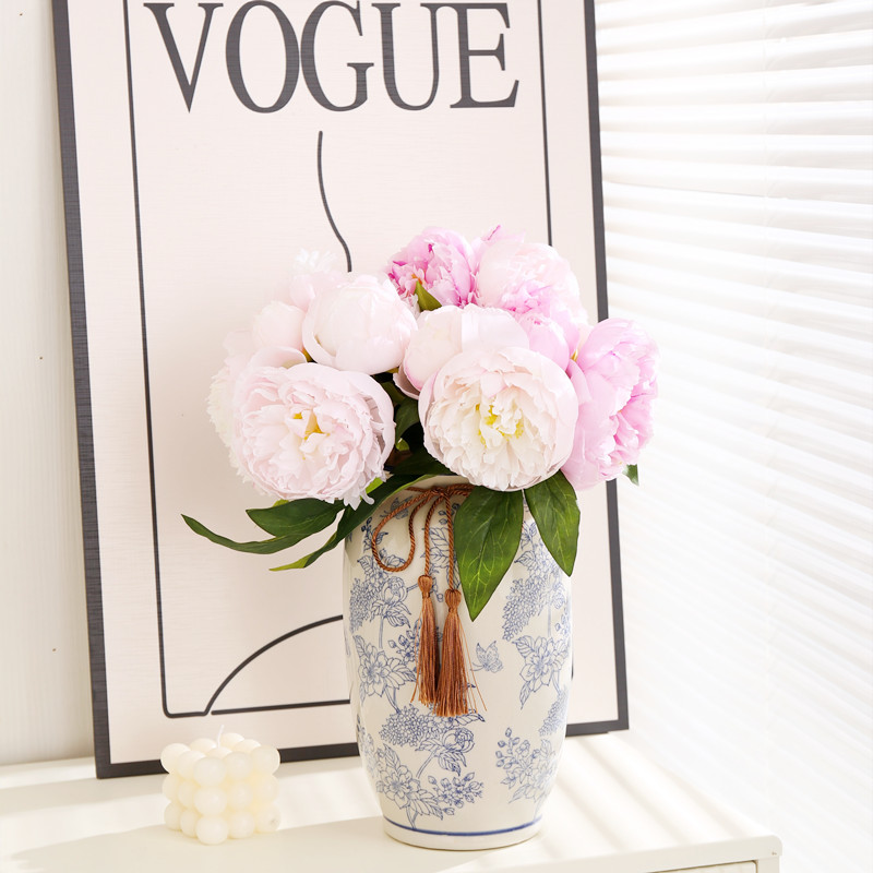 New Chinese-style high-end tabletop ornaments, entrance hall decorations, blue and white ceramic vases, artificial flower gifts, living room handicrafts Specification image