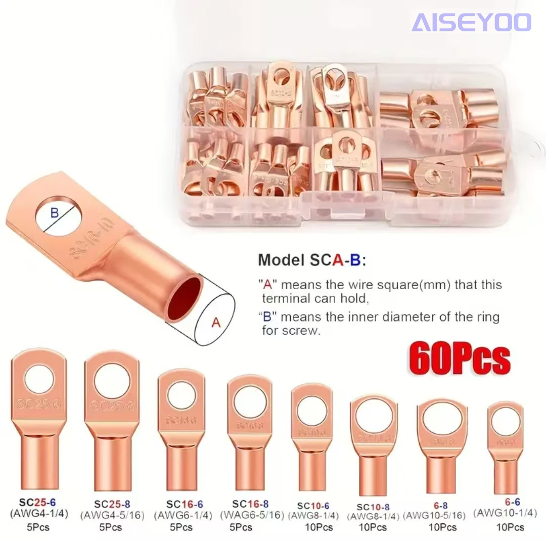 60PCS 铜管端子sc系列窥口铜接线端子SC6-25盒装系列窥口铜接线端子Terminals连接器套装金银色