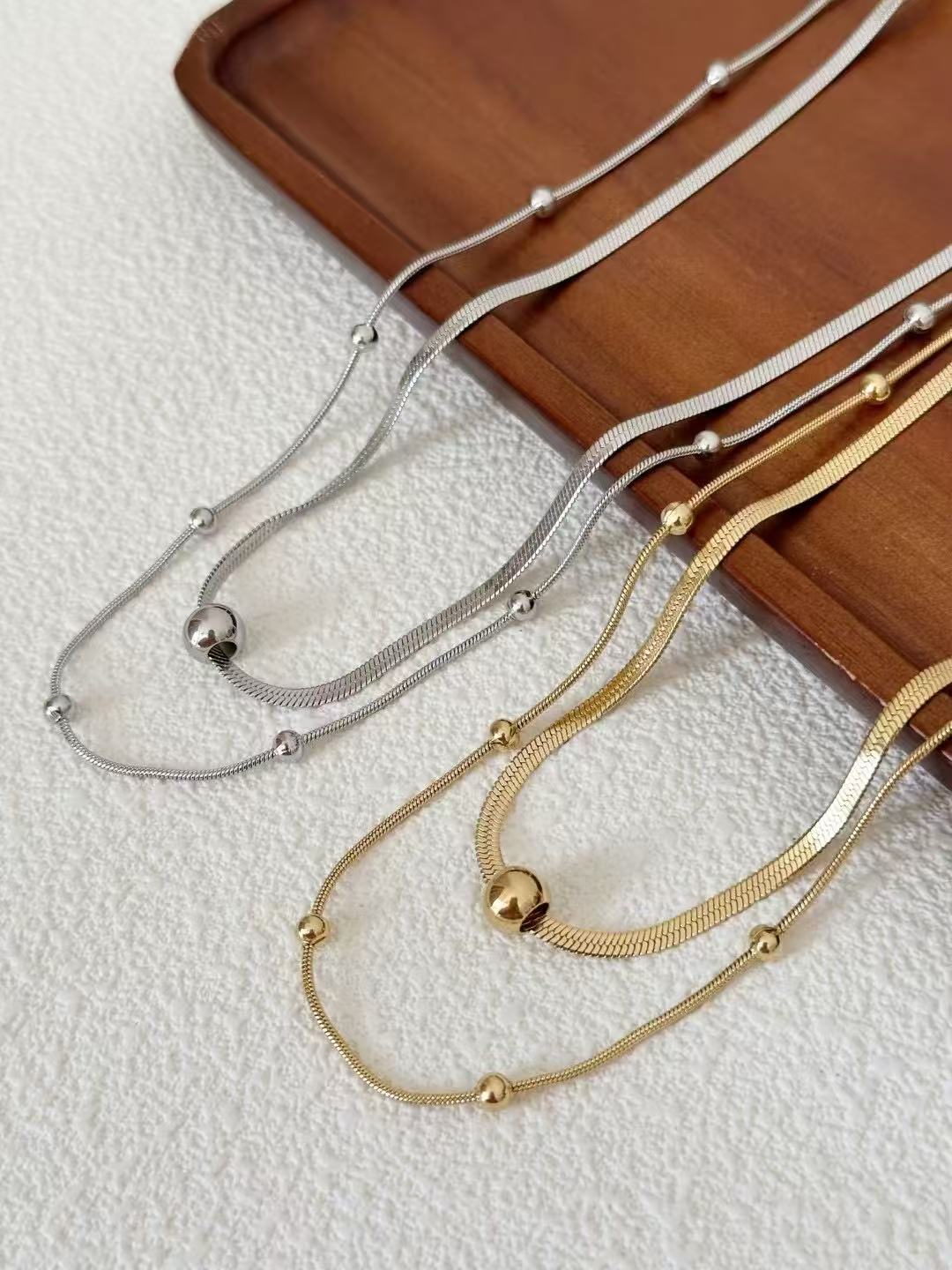 钛钢保色项链女款珠珠链条双层拼接锁骨链百搭气质