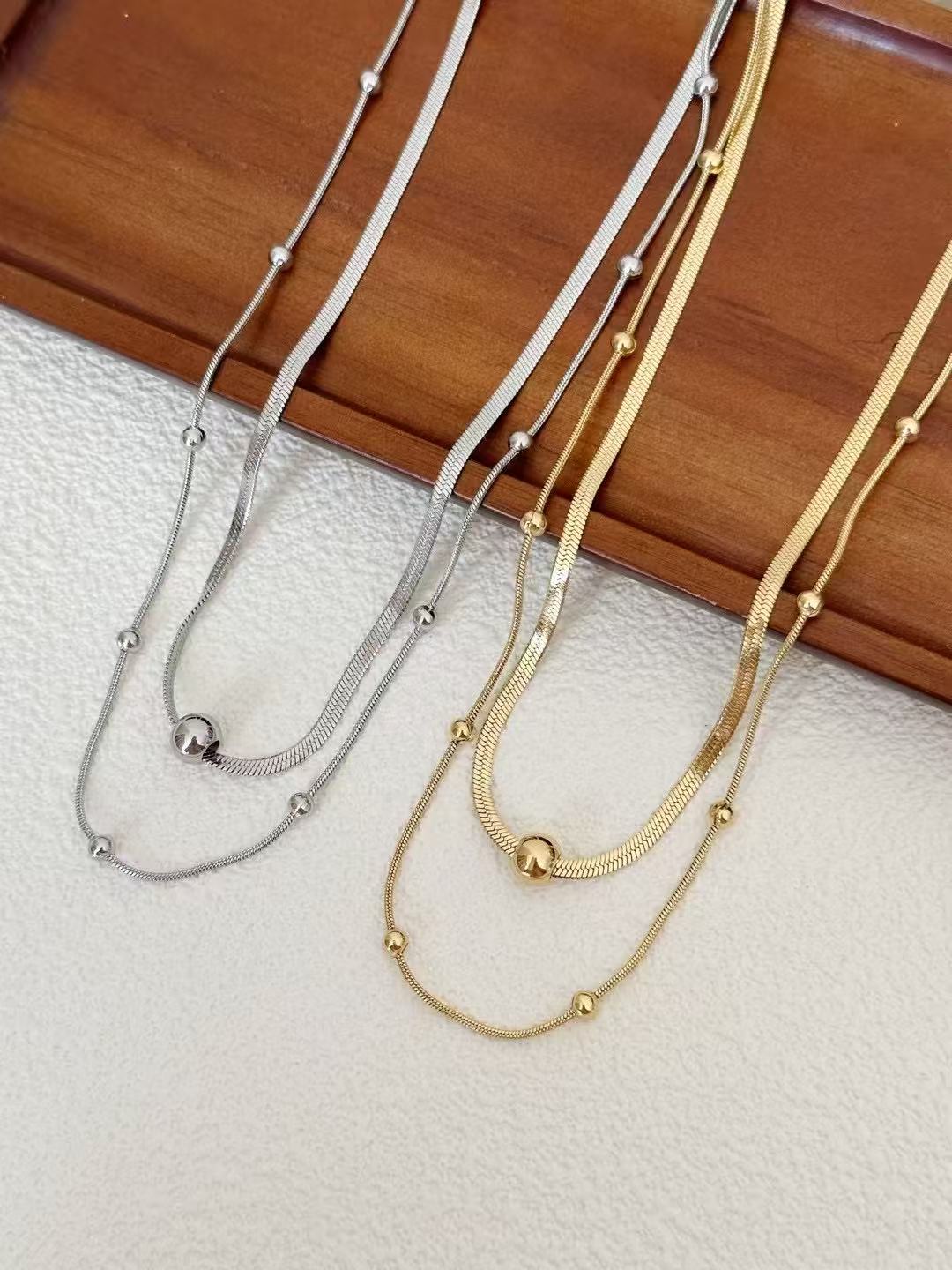 钛钢保色项链女款珠珠链条双层拼接锁骨链百搭气质产品图