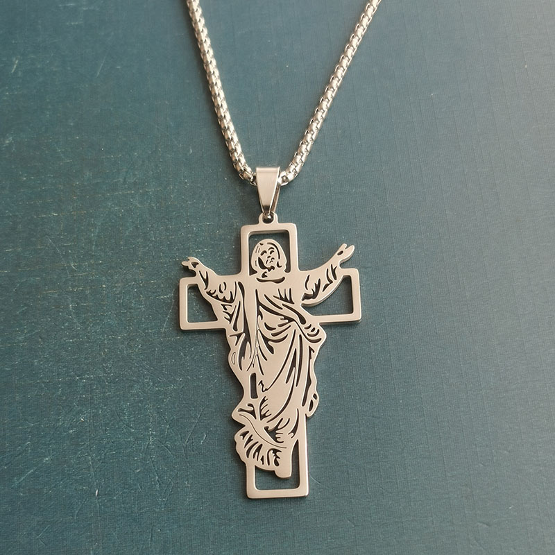 Cross-border foreign trade titanium steel stainless steel hollowed-out Jesus cross men's retro necklace pendant DIY jewelry accessories detail image 6