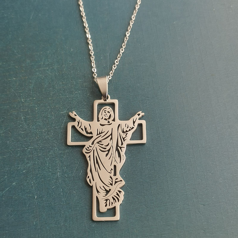 Cross-border foreign trade titanium steel stainless steel hollowed-out Jesus cross men's retro necklace pendant DIY jewelry accessories detail image 9