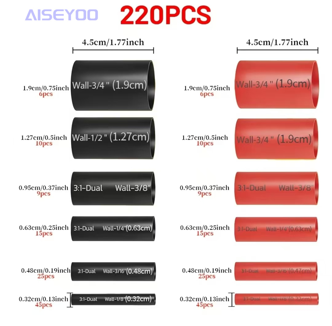 220PCS双壁带胶热缩管3：1双壁热缩管黑色红色 热缩套管电线保护套绝缘热缩管盒装产品图