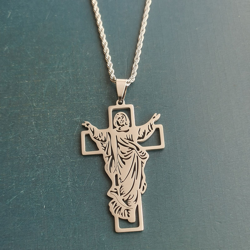 Cross-border foreign trade titanium steel stainless steel hollowed-out Jesus cross men's retro necklace pendant DIY jewelry accessories detail image 7
