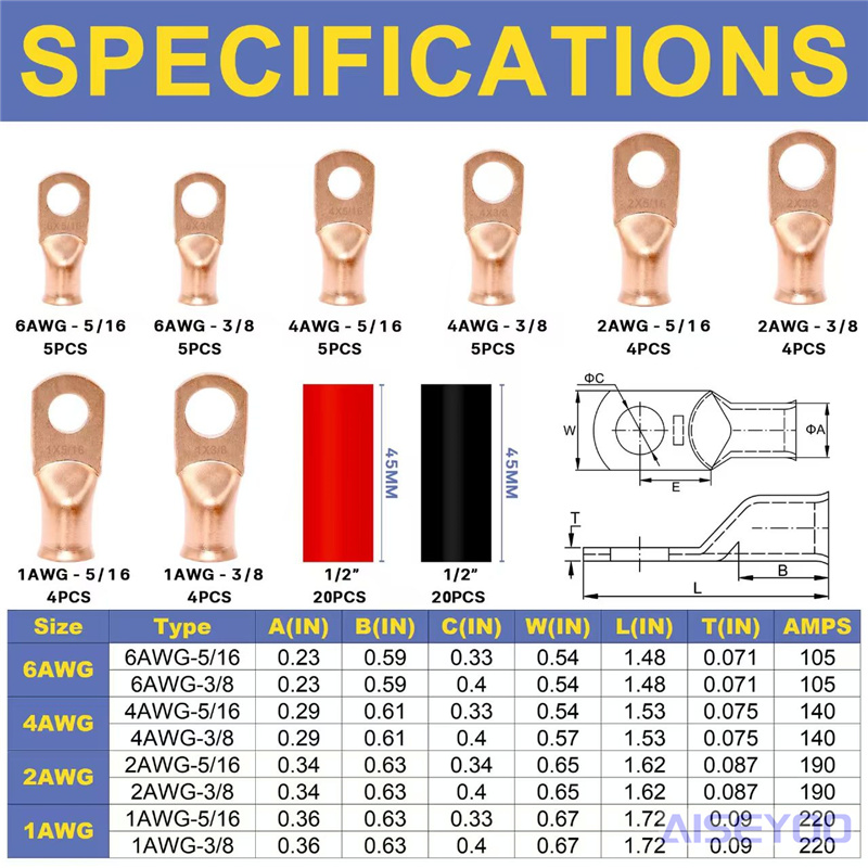美规AWG76/80PCS铜线接线片带热缩管 3:1 套件AWG6 4 AWG8642详情图4
