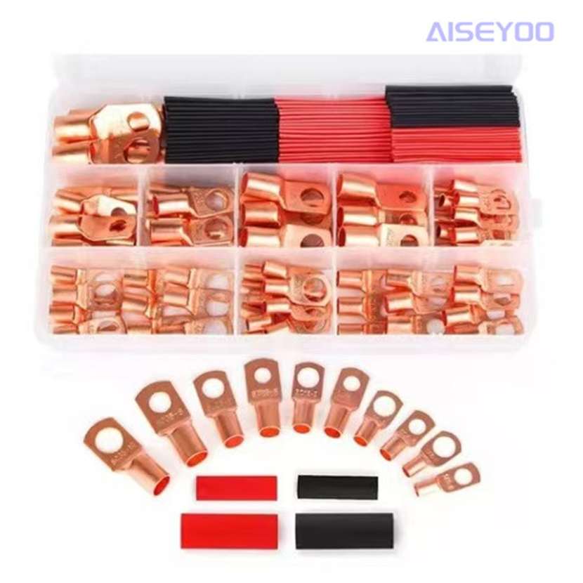 SC espéculo terminal desnudo 100pcs oro 50pcs cold press terminal +50pcs tubo termorretráctil caja espéculo nariz de cobre alambre de cobre lugs cables de prensado en frío terminales de anillo de cobre con kit de retráctil de calor Item Picture