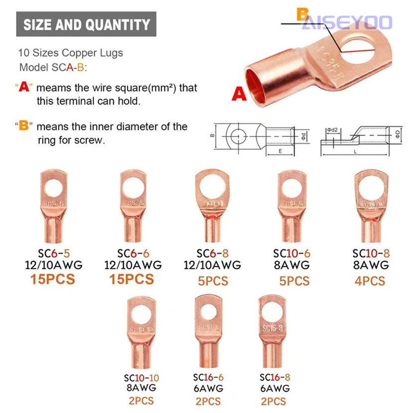 SC espéculo terminal desnudo 100pcs oro 50pcs cold press terminal +50pcs tubo termorretráctil caja espéculo nariz de cobre alambre de cobre lugs cables de prensado en frío terminales de anillo de cobre con kit de retráctil de calor details Picture
