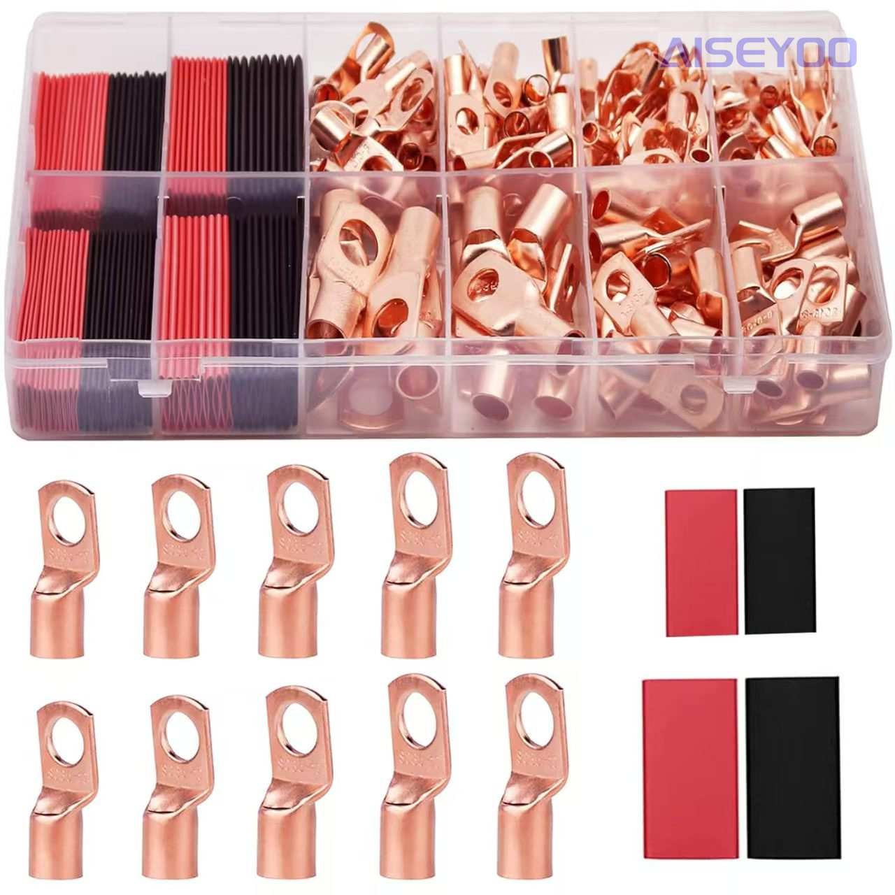 160pcs golden copper terminal SC80 series copper wiring terminal box set +80 heat shrink tube combination, peephort, copper nose, copper wire lug, cold-pressed wiring, copper ring terminal with heat shrink kit