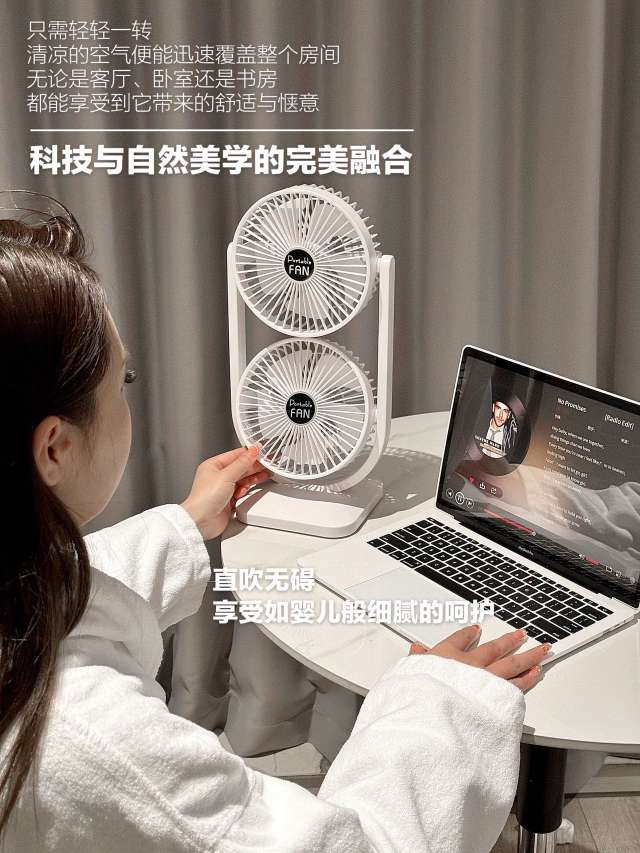 新款双头电桌面风扇 USB充电式风扇户外大风力空气循环扇双层电扇详情图3