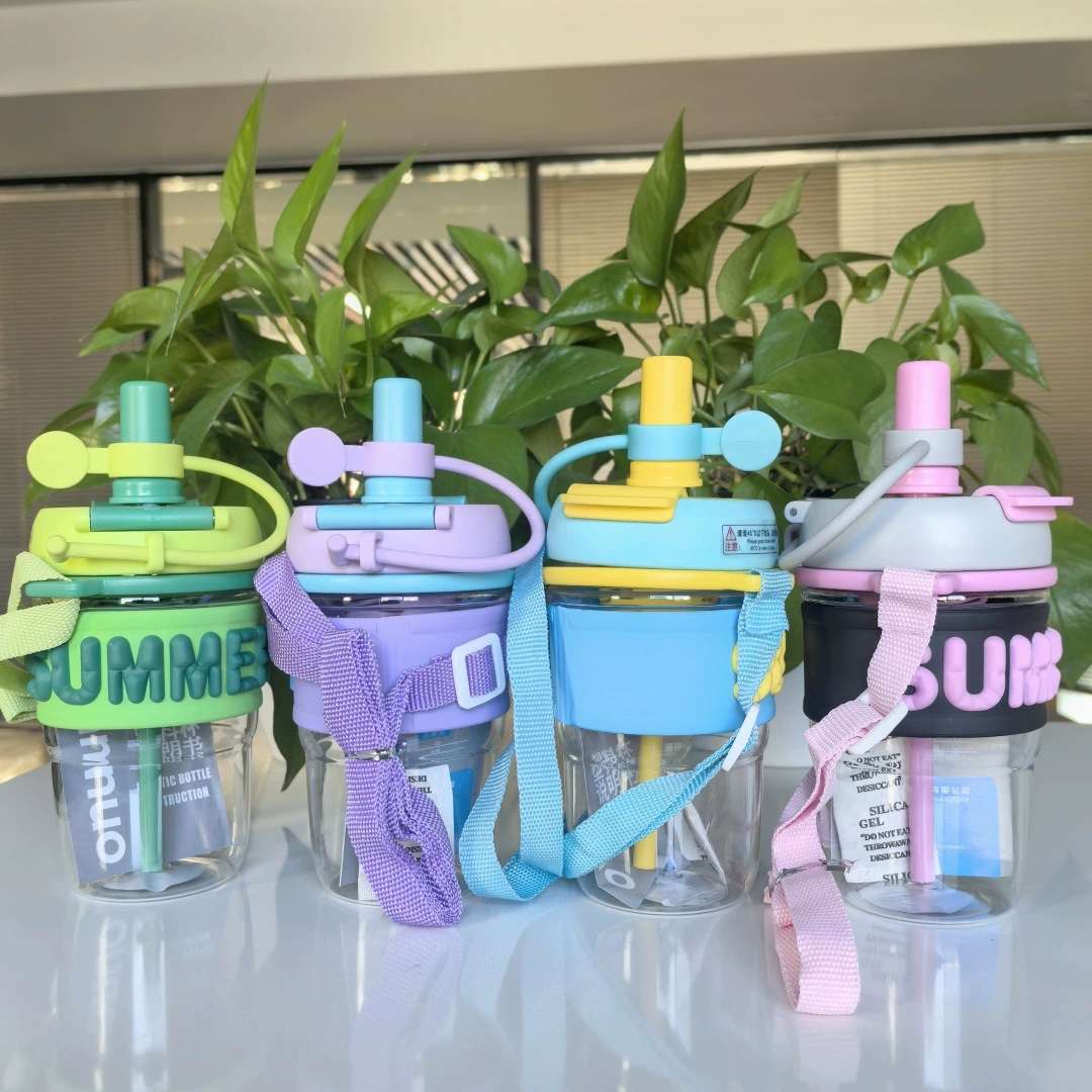 S49-2696 anti-scalding cartoon straight drinking cup with straps Summer sports plastic student water bottle high appearance level water cup undefined