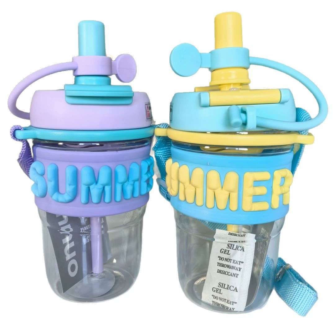 S49-2696 anti-scalding cartoon straight drinking cup with straps Summer sports plastic student water bottle high appearance level water cup undefined