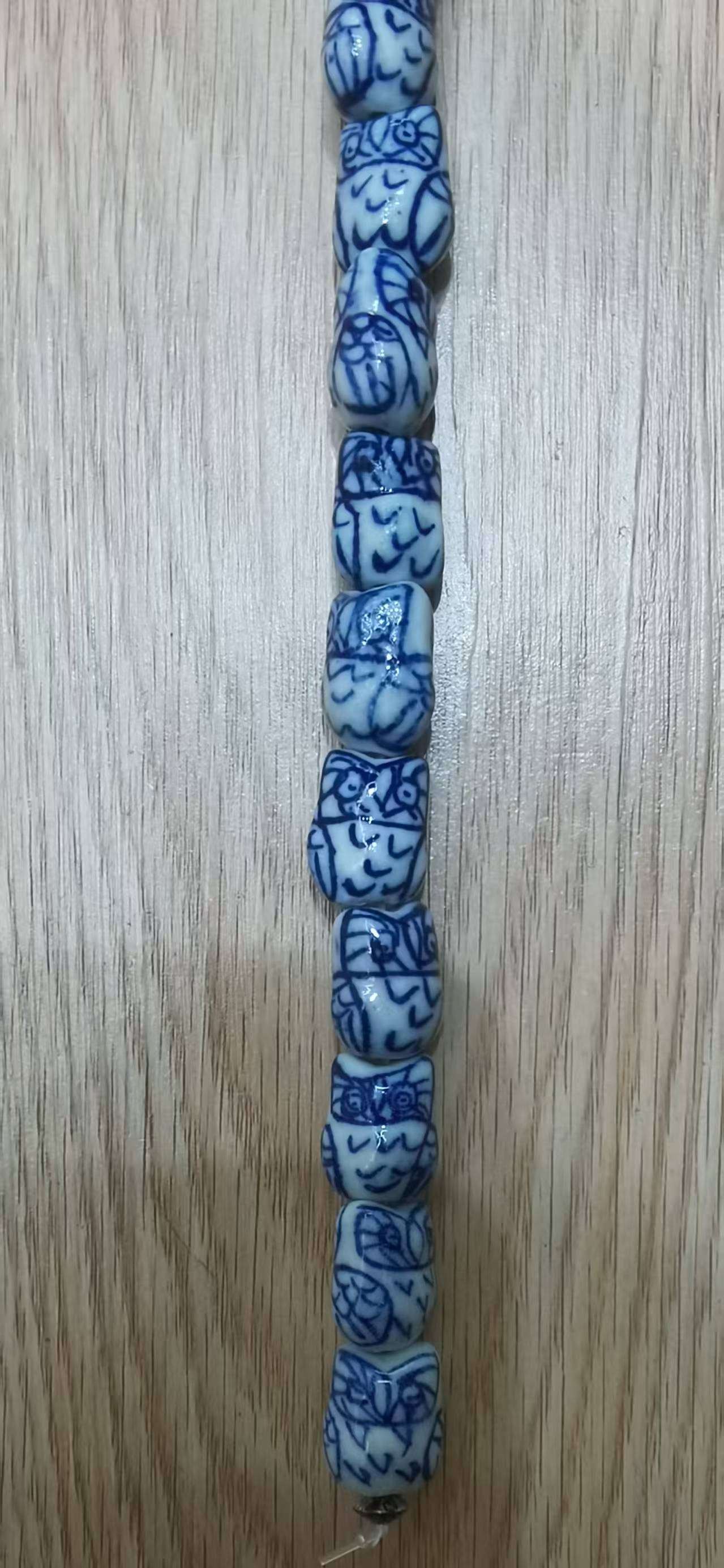 手绘青花猫头鹰陶瓷珠子，成品半成品饰品配件diy