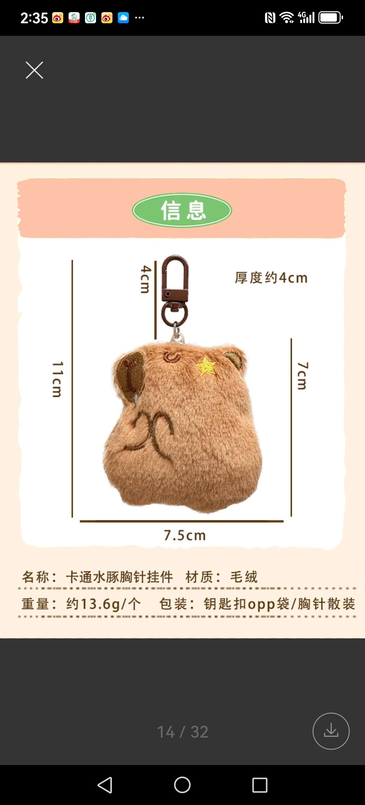 卡通毛绒水豚钥匙扣可爱包包手机挂件装饰胸针卡皮巴拉玩偶配件