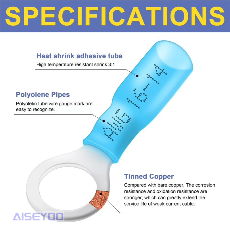 260PCS waterproof heat shrink circular connector, circular terminal tin-plated cold-pressed wiring terminal, O-shaped copper wire nose Specification image