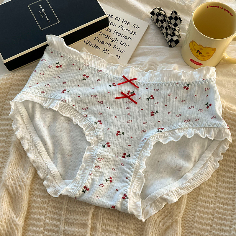 Mid-waist women's underwear, 200 pounds, Japanese-style cute style, cherry high elastic breathable, hip-lifting, hip-hugging, antibacterial pants, women's underwear, underwear, women's high-waist comfort secret underwear full figure