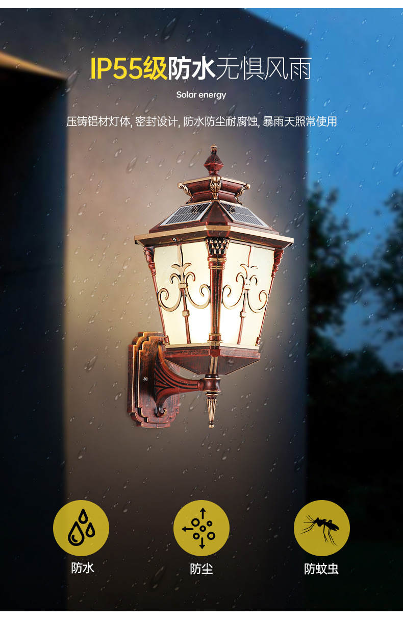 Solar wall lamps, outdoor wall lamps, outdoor lamps, entrance lamps, door columns, villa waterproof courtyard lamps, garden lamps, American style pic 1