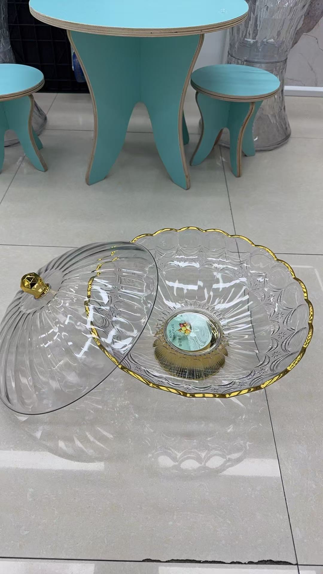 托盘/果盘/木制甜品台/三层长方金边果盘/糕点摆盘带盖细节图