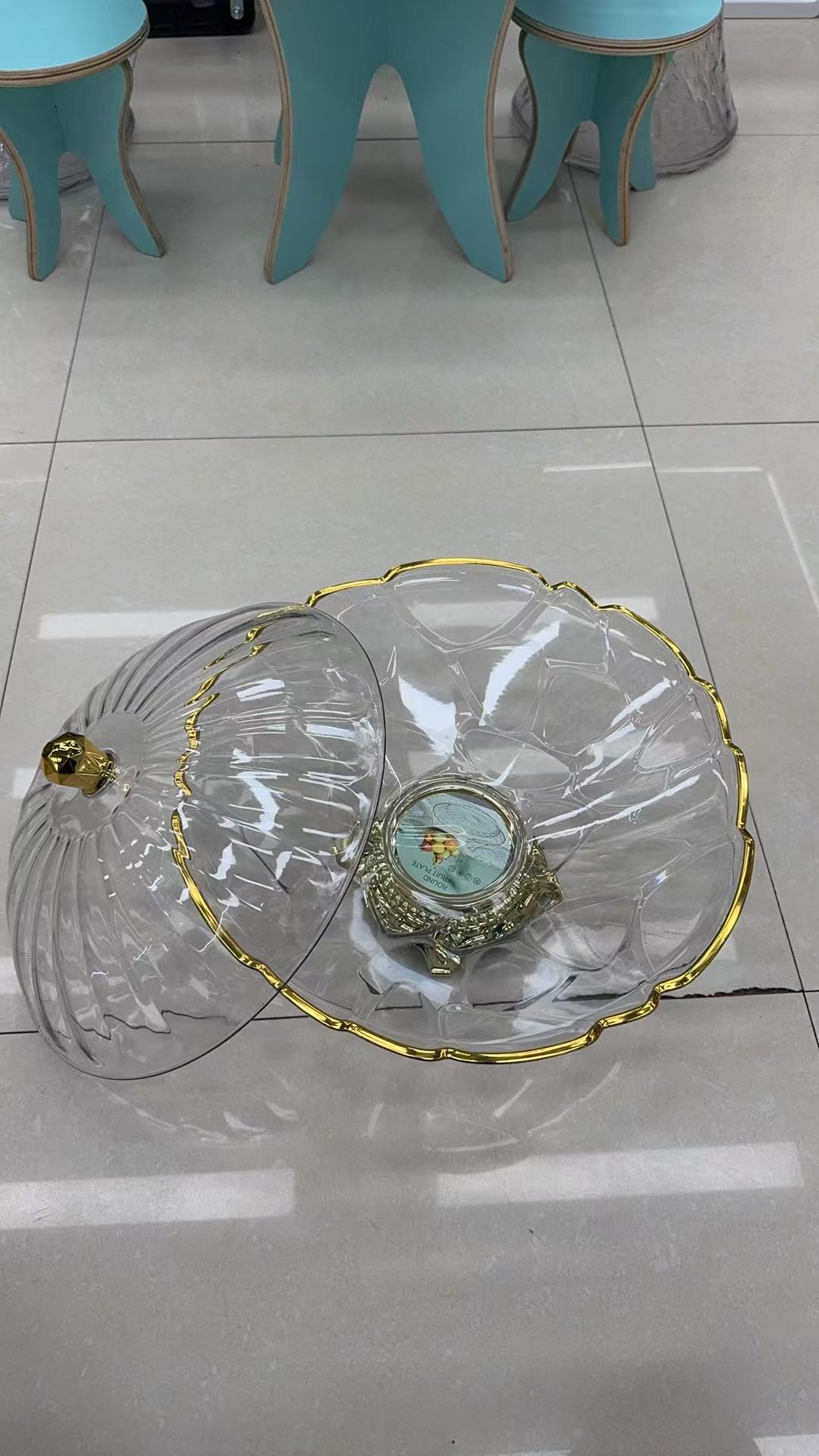托盘/果盘/木制甜品台/三层长方金边果盘/糕点摆盘带盖产品图