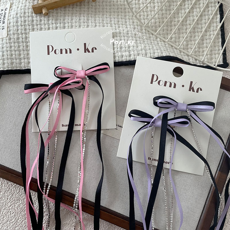 Spring 2025 Children's sweet bow ribbon hair clip, super fairy-like ancient style side-fitting hair clip, ballet-style hair accessory Specification image