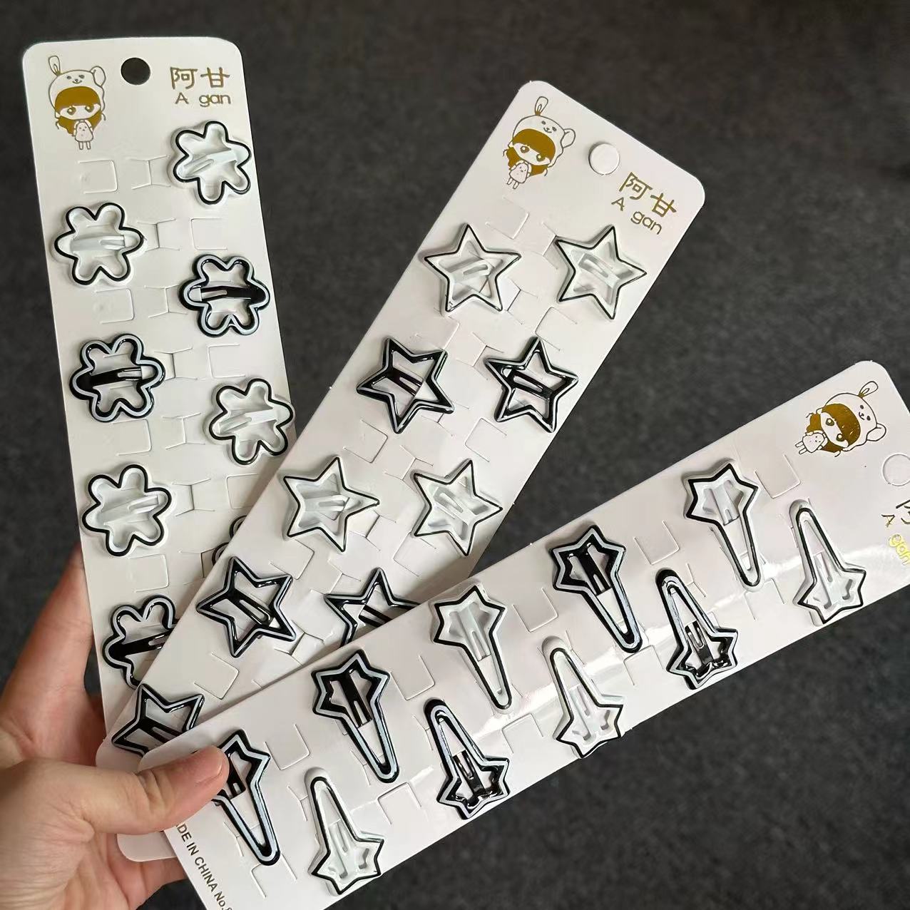 新款黑白滴油条纹星星夹花朵小发夹10个一卡混批女童刘海碎发夹个性头饰工厂直销外贸详情图2