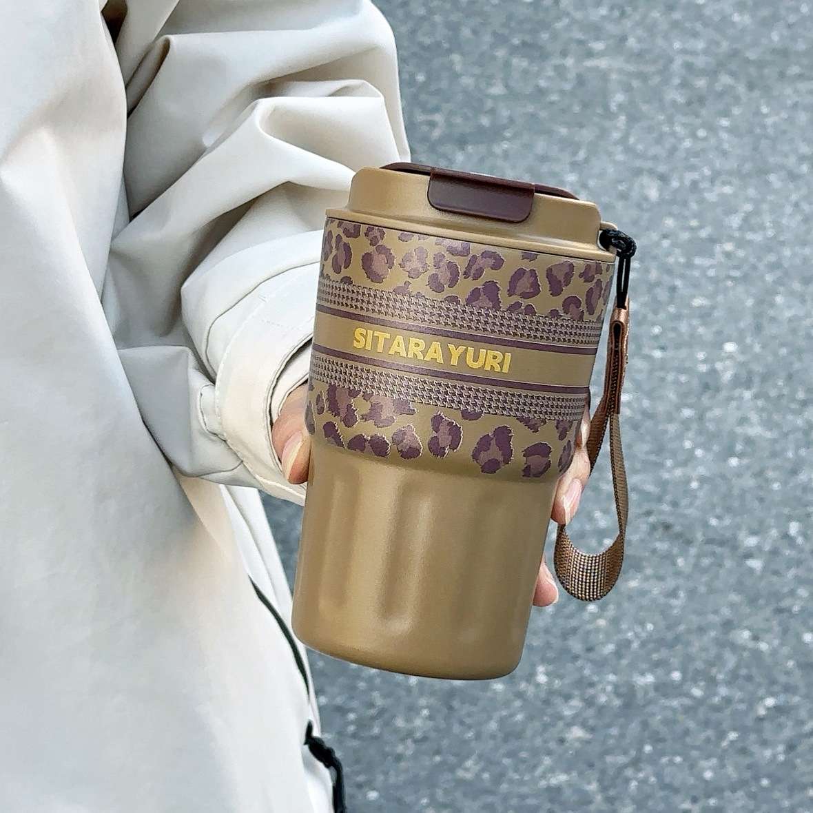 SITARAYURI's new 3D leopard print insulated cup, a stainless steel coffee cup for girls detail image 6