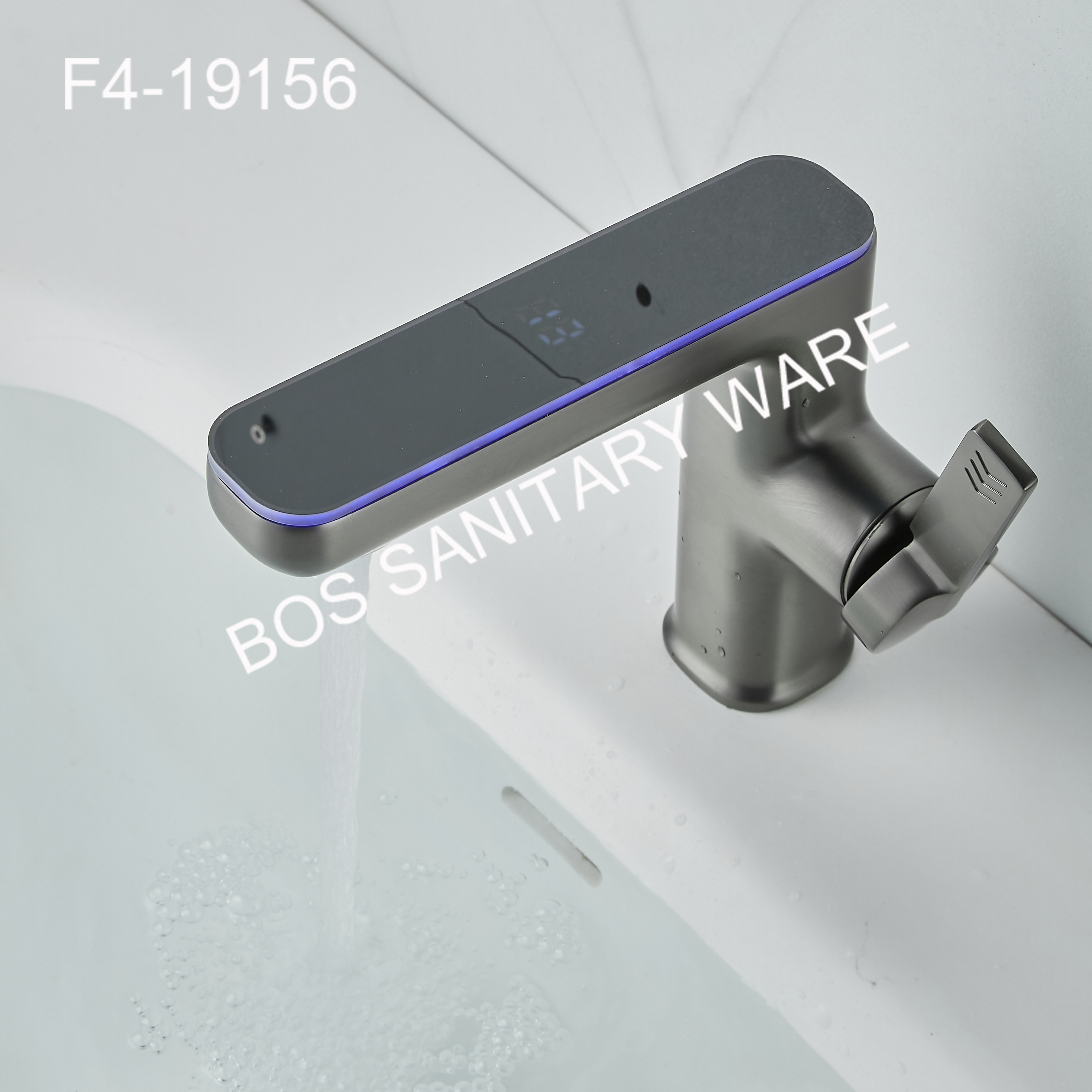 Gun gray with ambient light, digital display of water temperature, washbasin faucet, bathroom faucet
