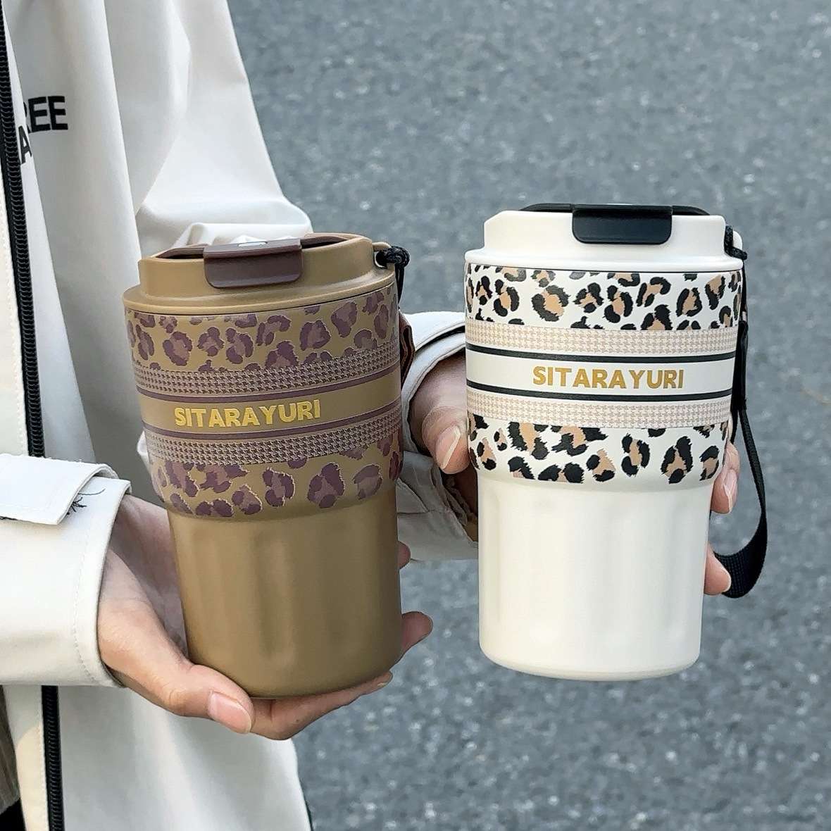 SITARAYURI's new 3D leopard print insulated cup, a stainless steel coffee cup for girls detail image 2