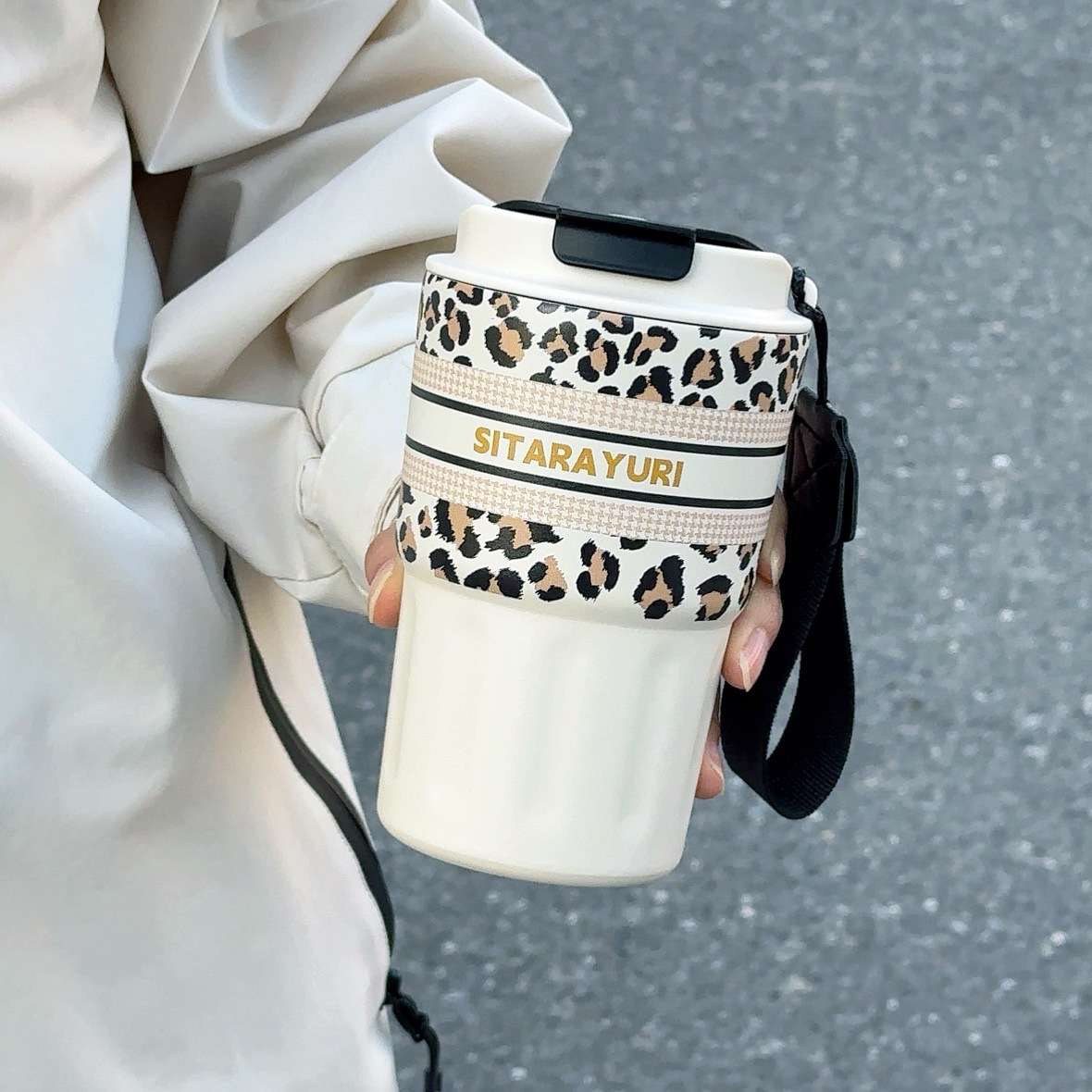 SITARAYURI's new 3D leopard print insulated cup, a stainless steel coffee cup for girls detail image 8