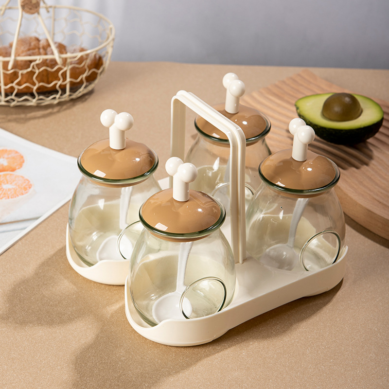 S87-SQC-7722 Kitchen glass seasoning box Transparent four-compartment portable household seasoning box full figure
