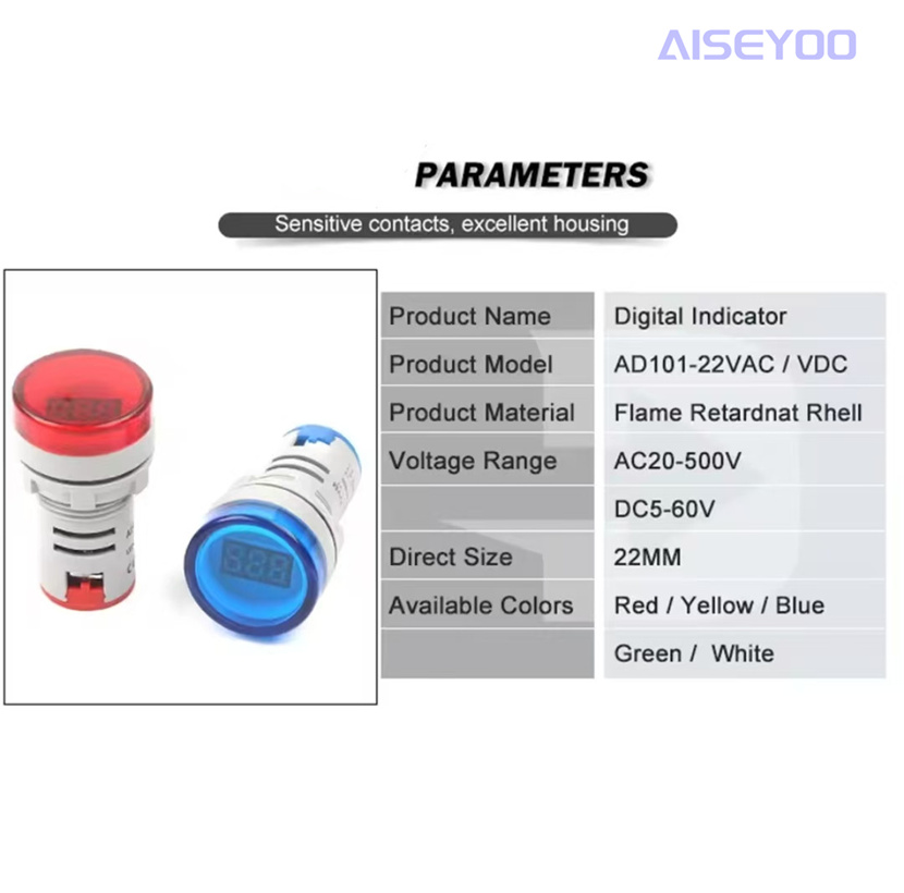 The AD101-22VM DSV is equipped with a three-digit voltage display indicator light. The AC20-500V is a red, green, yellow, blue and white small digital circular voltage meter with a voltage display indicator light pic 7