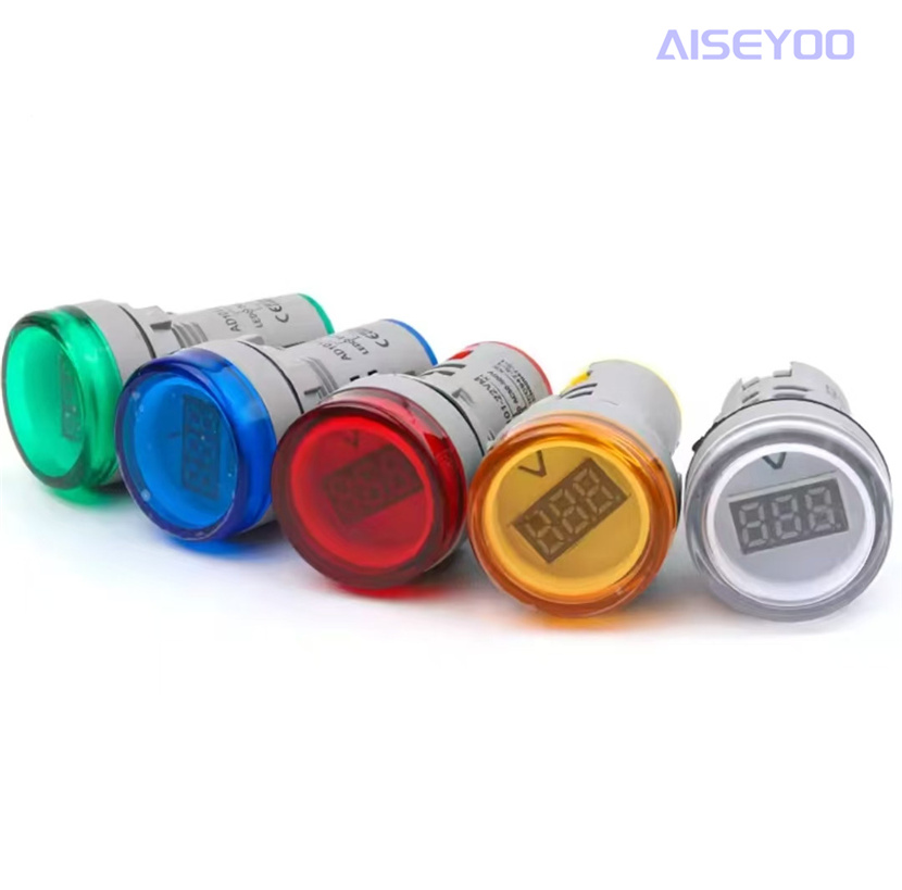 The AD101-22VM DSV is equipped with a three-digit voltage display indicator light. The AC20-500V is a red, green, yellow, blue and white small digital circular voltage meter with a voltage display indicator light