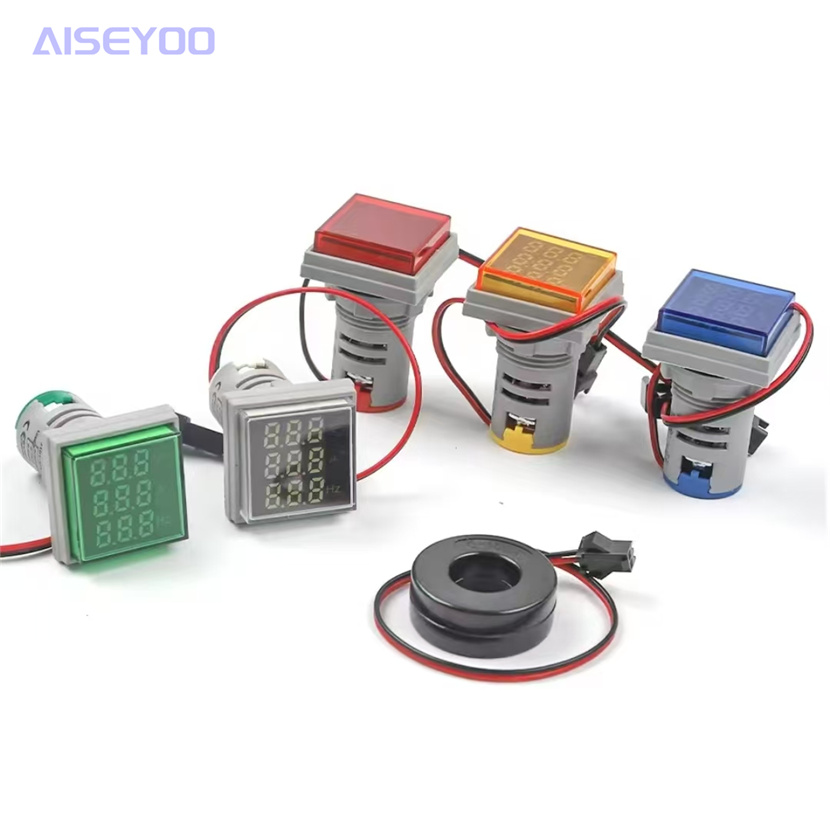 Square voltage, current and Hertz digital three-display meter with a 22mm open hole, 22mm MMO type transformer, mini voltage, current and Hertz frequency LED indicator light, three-display AC digital meter, square instrument