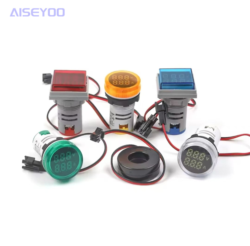 LED指示灯电压电流表信号灯 圆形方形数显LED指示灯 交流AC20-500V数显电流电压表一体指示灯一表两用数字双显