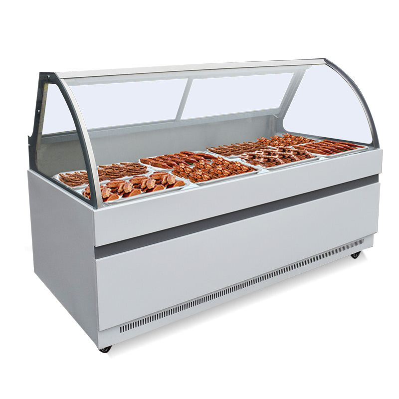 Air-cooled dual-temperature cabinet, commercial arc-shaped front and rear door glass door freezer, cooked food, marinated food and duck neck display cabinet Application Scenario