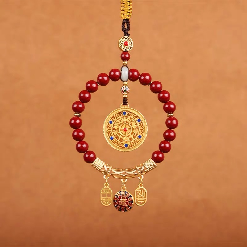 High-end sandalwood imitation cinnabar peace and good fortune car pendant, sandgold Five Blessings complete, interior rearview mirror hanging decoration, Chinese trend Item Picture