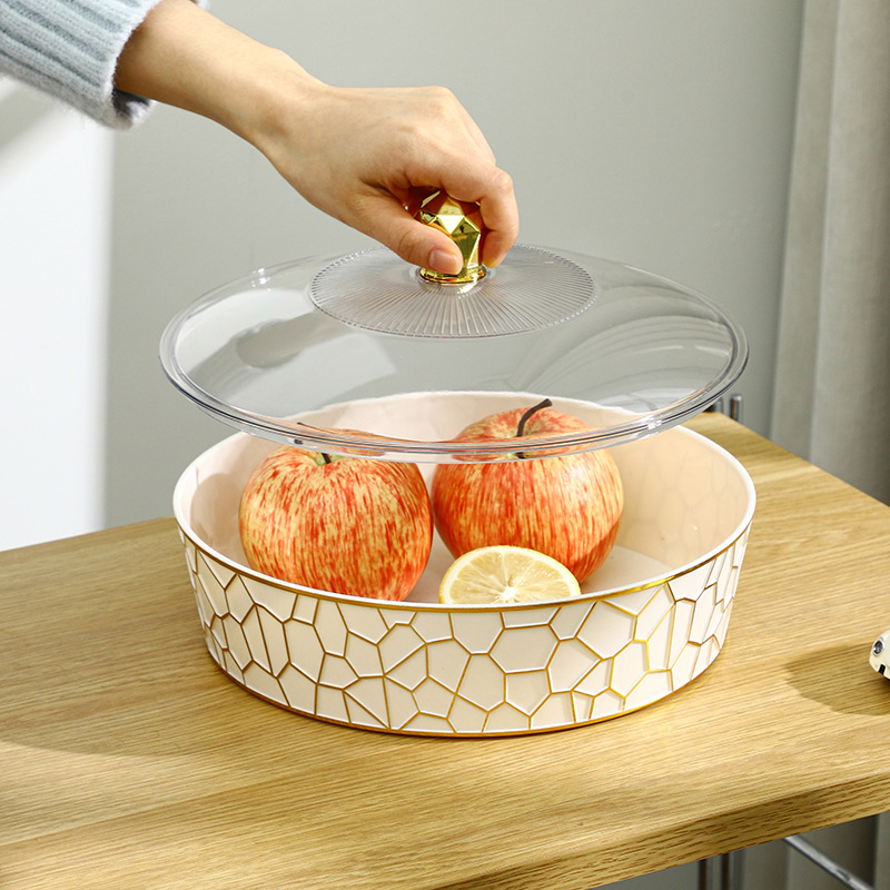 W16-A348-B1 Milky White Round Fruit Plate, Plastic Pet, Gold Edge, Miscellaneous Sorting Fruit Plate With Lid, Stone Pattern Application Scenario