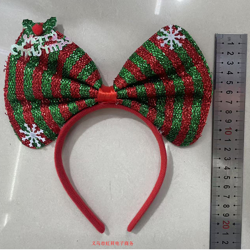 超声波手工领结圣诞领结头箍系列红绿、银白条纹玻璃丝烫金仿超柔大红玻璃丝大红领结宠物头饰派对头饰详情3
