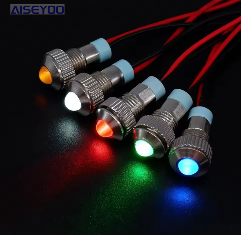 6mm, 8mm metal indicator light, 5V, 12V, 24V, red, yellow, blue, green, white, wired, waterproof power signal indicator light, LED signal light, power supply, universal, mini and micro waterproof indicator light Item Picture