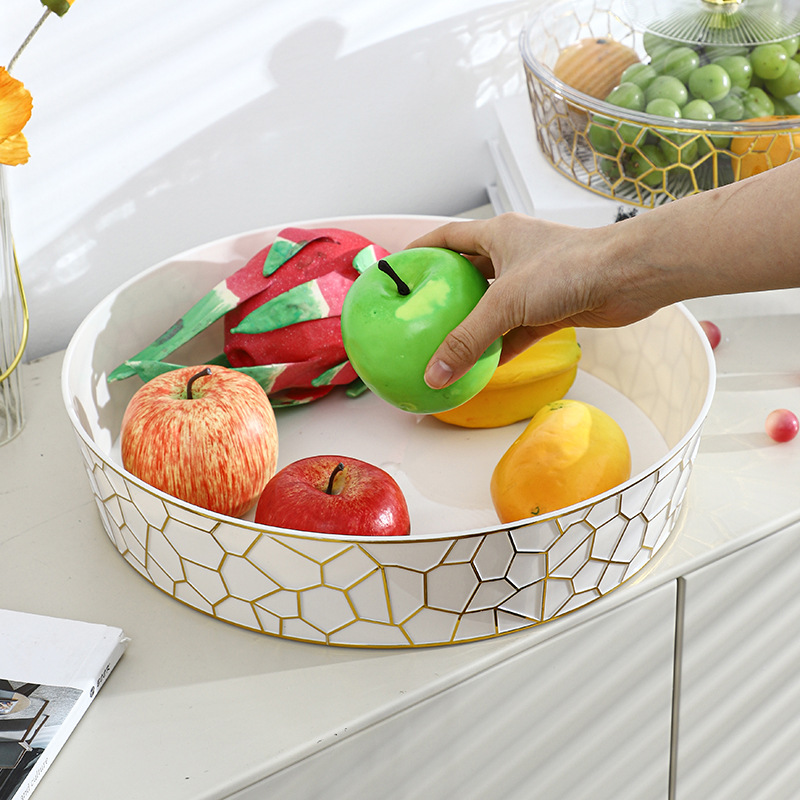 W16-A348-B1 Milky White Round Fruit Plate, Plastic Pet, Gold Edge, Miscellaneous Sorting Fruit Plate With Lid, Stone Pattern details Picture