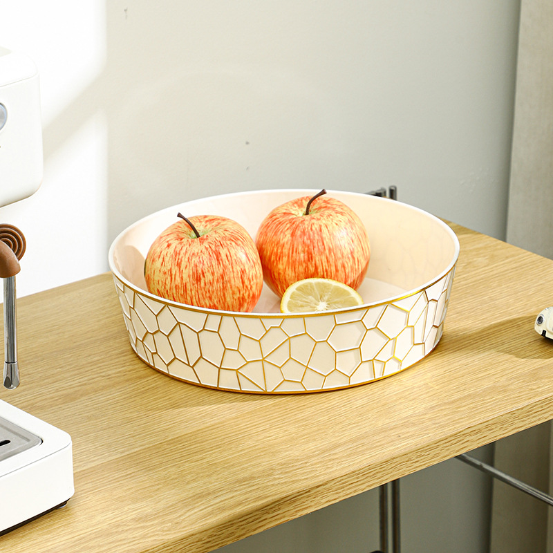 W16-A348-B1 Milky White Round Fruit Plate, Plastic Pet, Gold Edge, Miscellaneous Sorting Fruit Plate With Lid, Stone Pattern Specification drawing