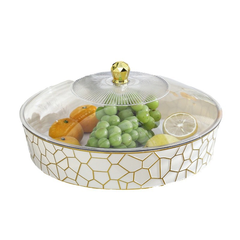 W16-A348-B1 Milky White Round Fruit Plate, Plastic Pet, Gold Edge, Miscellaneous Sorting Fruit Plate With Lid, Stone Pattern Item Picture