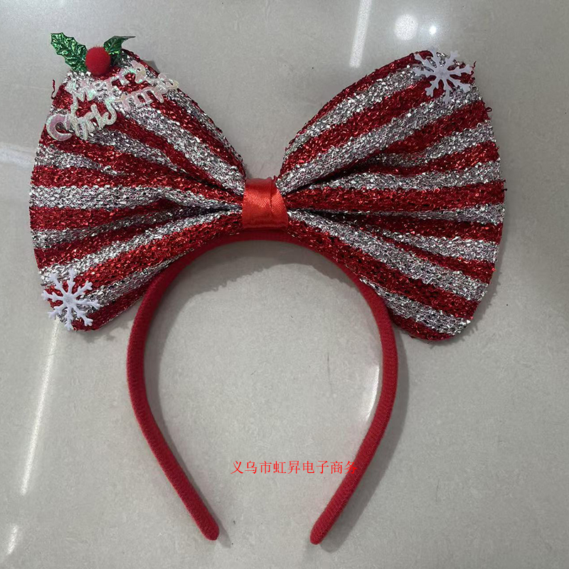 超声波手工领结圣诞领结头箍系列红绿、银白条纹玻璃丝烫金仿超柔大红玻璃丝大红领结宠物头饰派对头饰详情2
