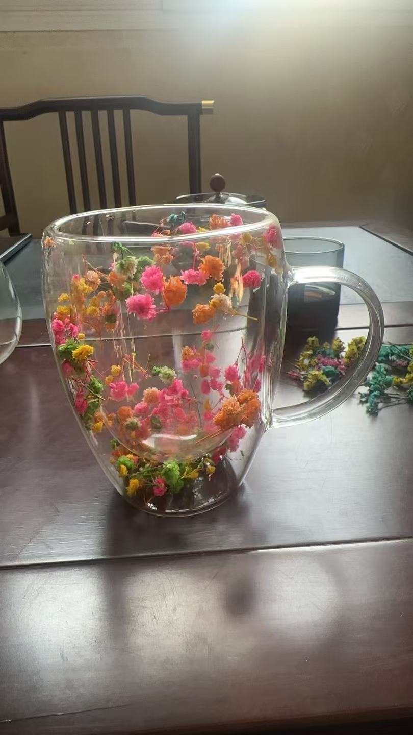 双层干花杯网红创意家居早餐牛奶杯高硼硅双层真花玻璃杯产品图