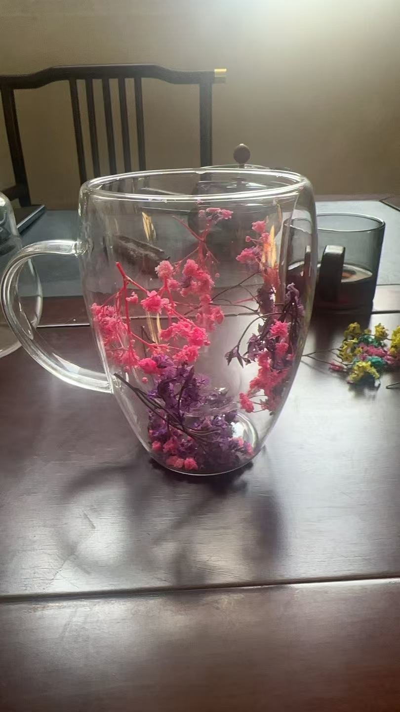 双层干花杯网红创意家居早餐牛奶杯高硼硅双层真花玻璃杯
